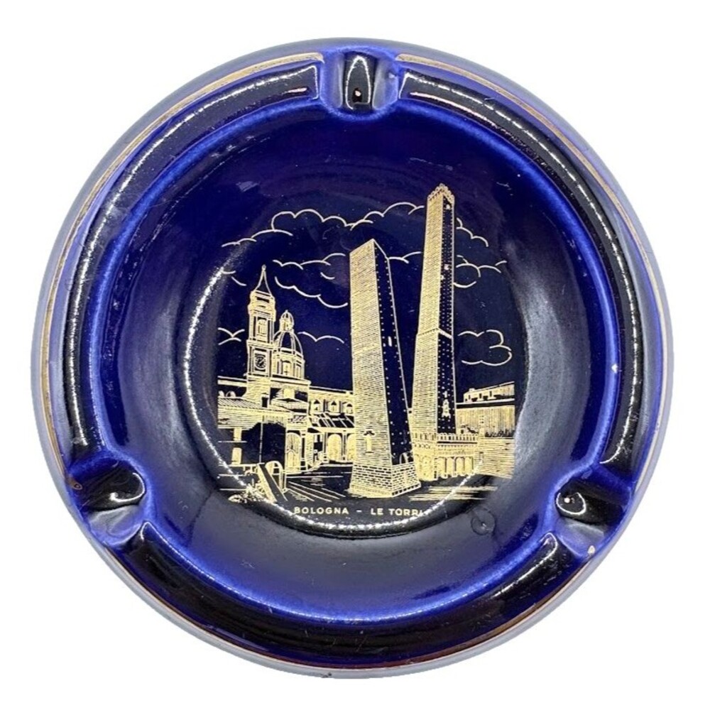 Vintage Italy Bologna Le Torri Cobalt Blue Gold Gilt Ceramic Ashtray Sesto Fior